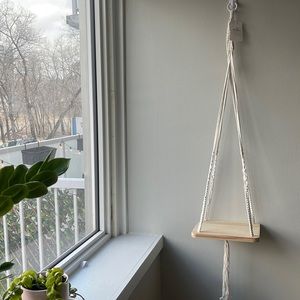 Hanging macrame and wood plant holder